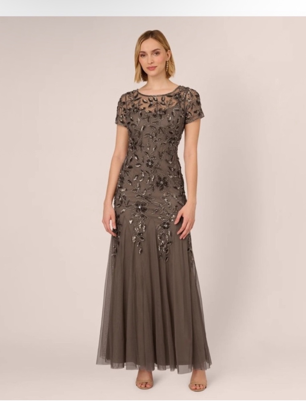 Adrianna Papell Dress SZ 6 Lead Brown Beaded Sequin Gown Formal Evening NWT MOB - Picture 2 of 11